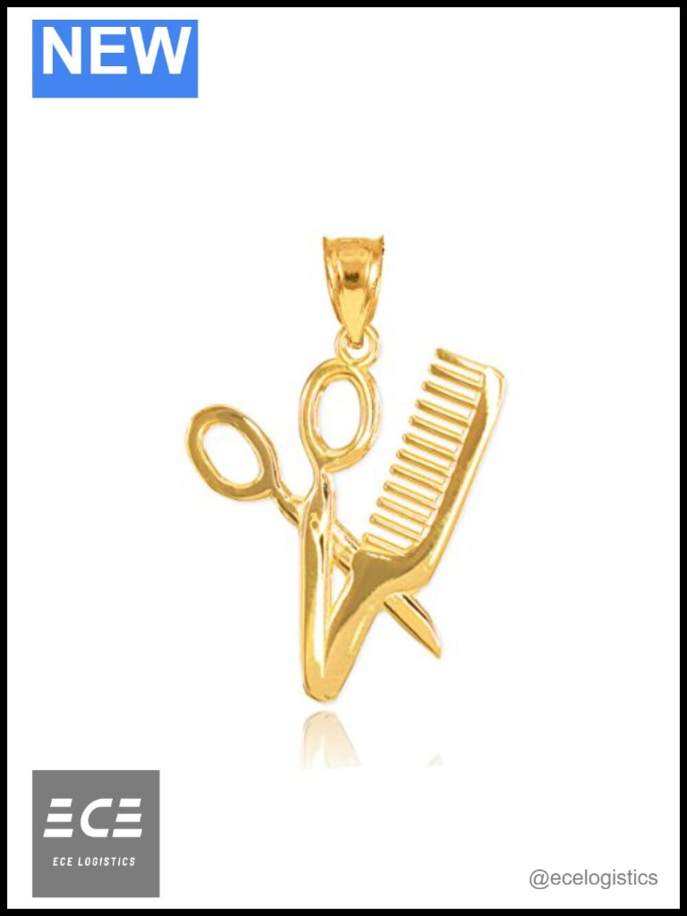 Solid 10K Yellow Gold Hair Stylist Scissors Comb Charm Pendant
